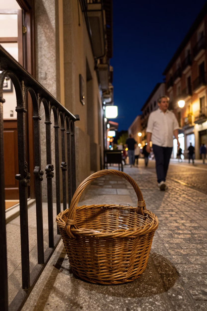 Nighttime Madrid Street Scene with Wicker Basket and Glass Pitcher Under Deep Sky in in Madrid, Spain