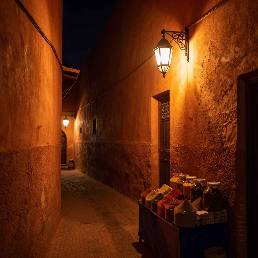 Nighttime Marrakech Medina Street Scene with Hurricane Lamp and Glass Jars in in Marrakech, Morocco