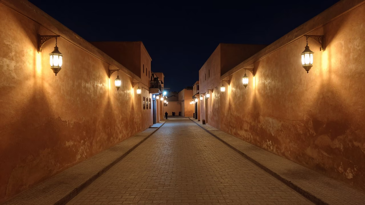 Nighttime Marrakech Medina Street Scene with Traditional Lanterns and Local Merchants in in Marrakech, Morocco