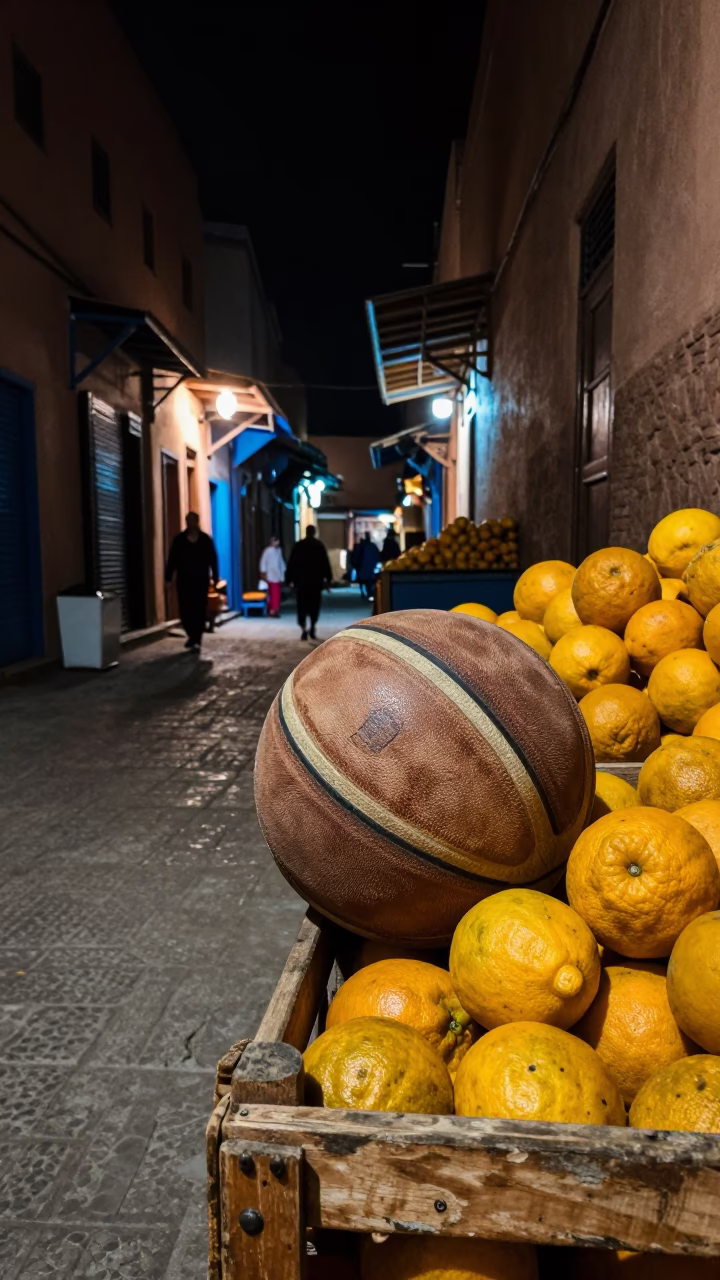 Nighttime Marrakech Souk Street Scene with Old Leather Basketball and Fruit Crate in in Marrakech, Morocco