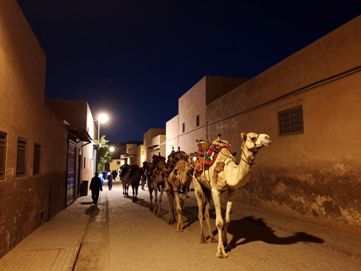 Nighttime Marrakech Street Scene with Camel Caravan and Local Artisans in in Marrakech, Morocco
