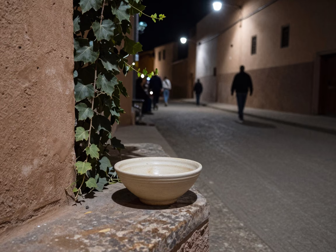Nighttime Marrakech Street Scene with Ceramic Bowl and Ivy Vines in in Marrakech, Morocco