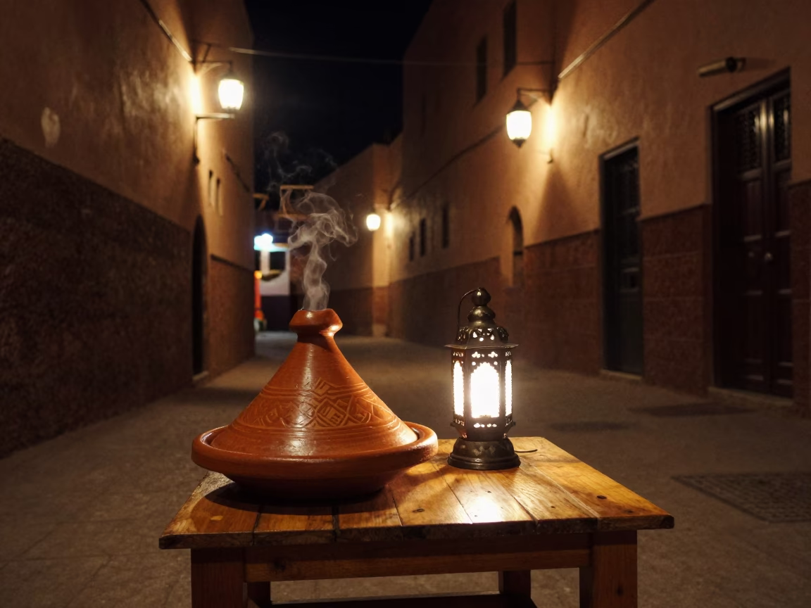 Nighttime Marrakech Street Scene with Traditional Tagine and Local Dining Elements in in Marrakech, Morocco