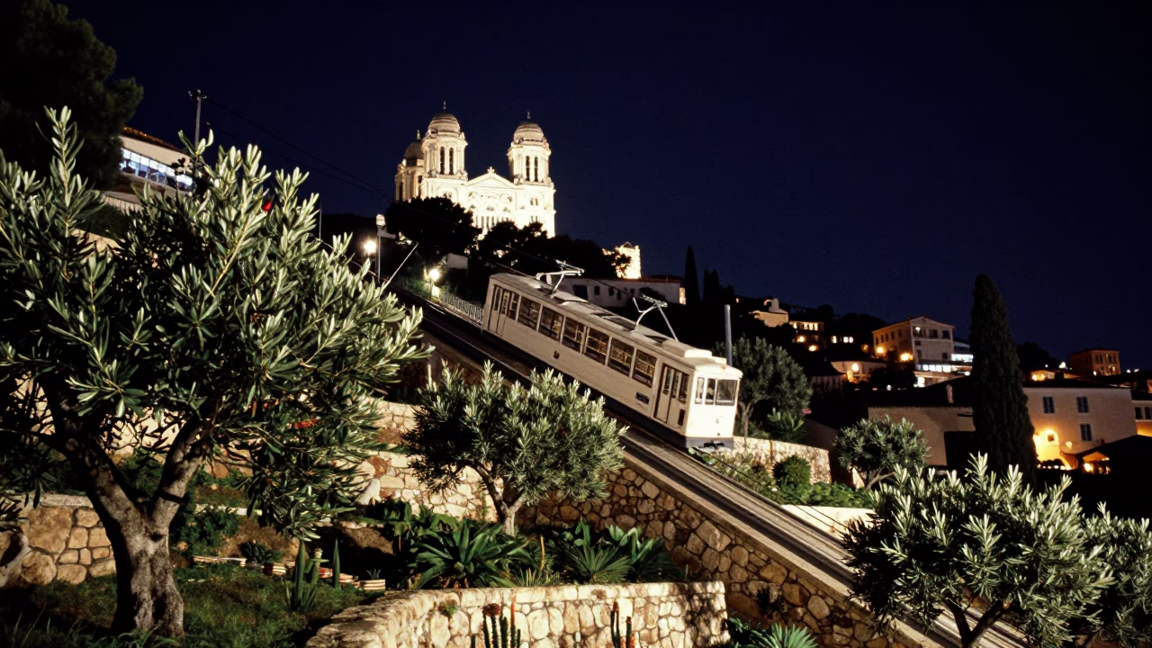 Nighttime Marseille Funicular Rising Through Terraced Gardens With Olive Branch Nearby in in Marseille, France
