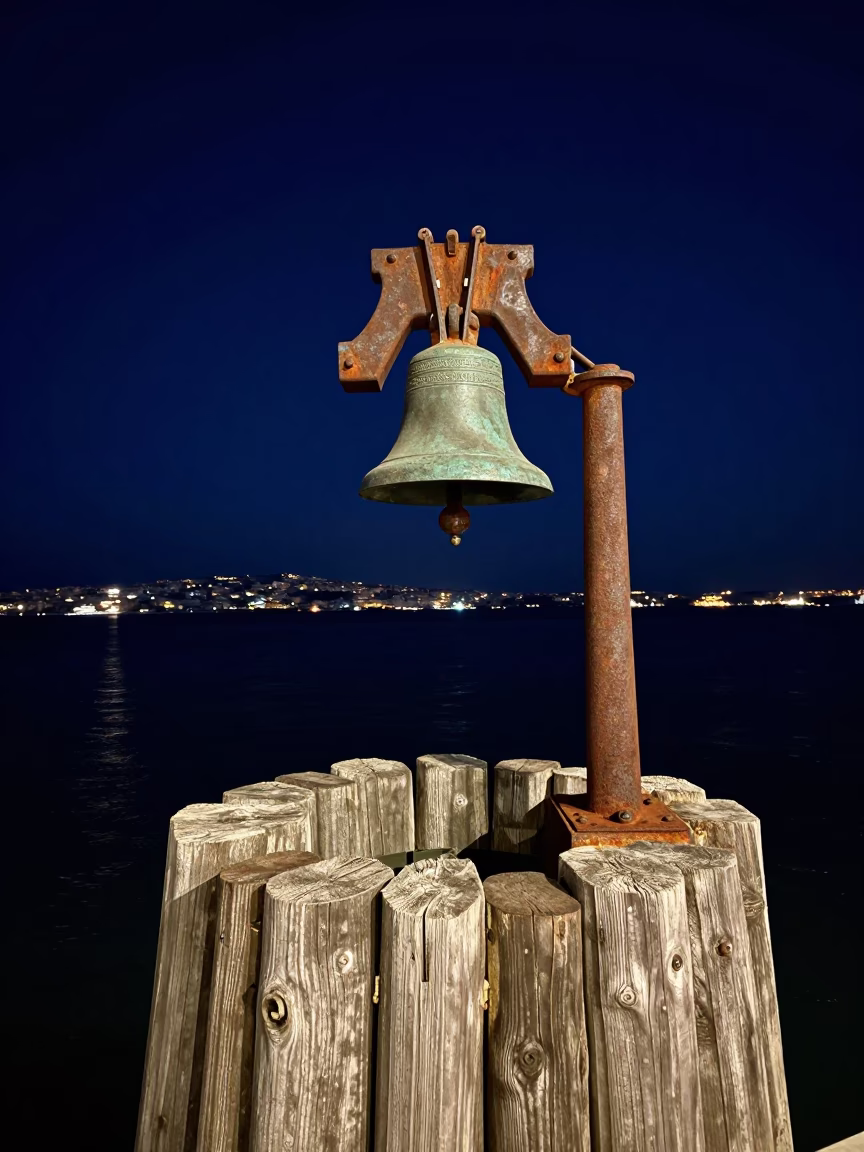 Nighttime Marseille Harbor Bell and Peg Rails Under Deep Sky in in Marseille, France