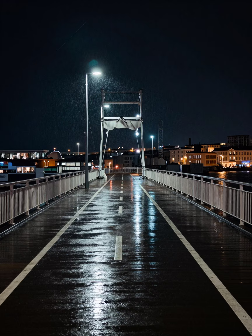 Nighttime Marseille Harbor Drizzle Illuminating Drawbridge Deck Markings and Spiral Breakwater Under Deep Sky in in Marseille, France
