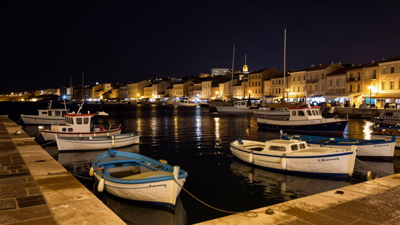 Nighttime Marseille Harbor Scene with Fishing Boats and Wet Cobblestones Under Streetlights in in Marseille, France