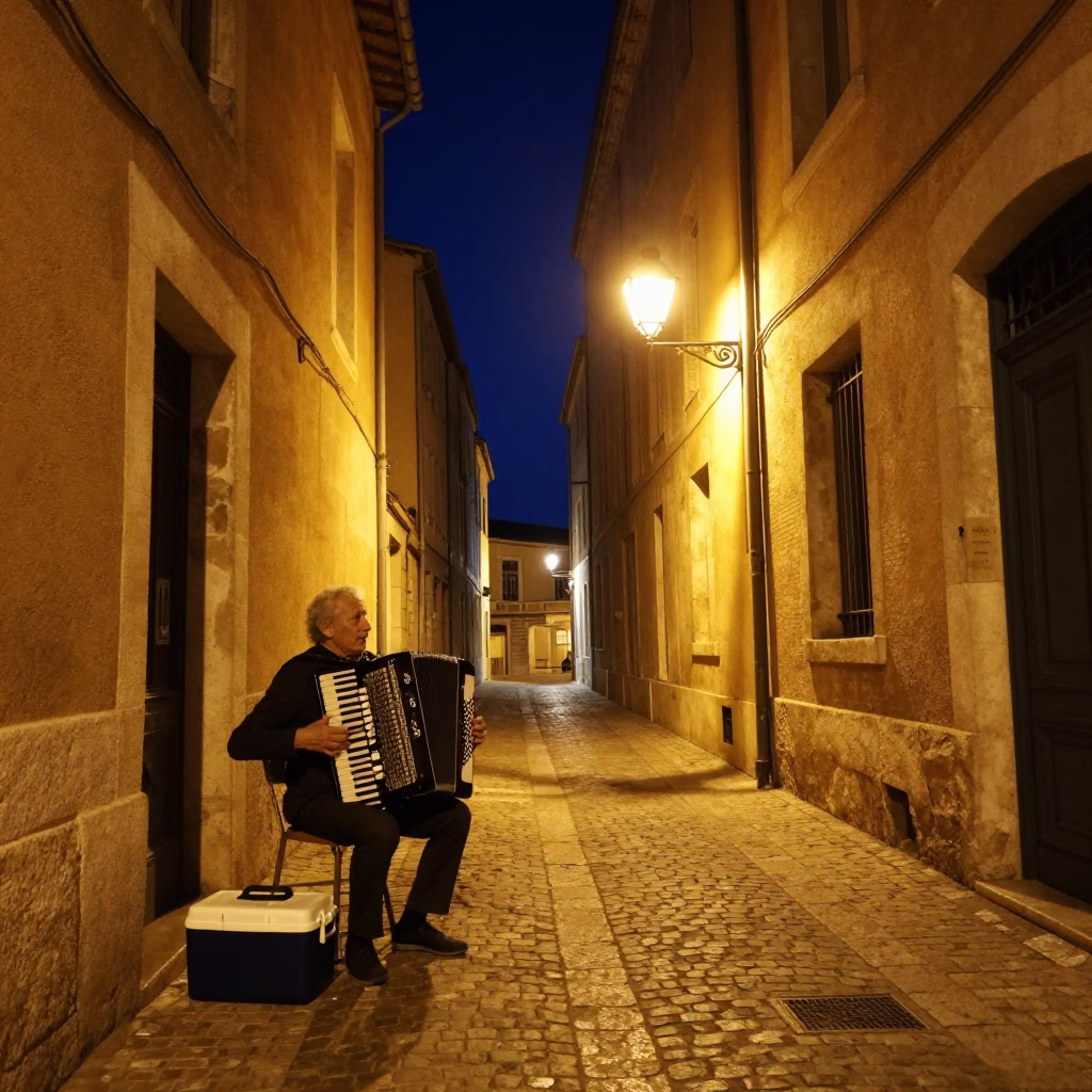 Nighttime Marseille Street Scene with Accordion Player and Cooler Jug on Cobblestones in in Marseille, France