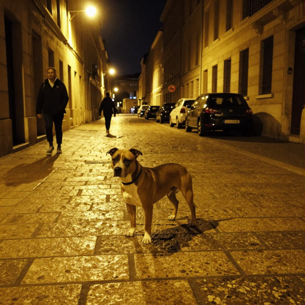 Nighttime Marseille Street Scene with American Staffordshire Terrier and Urban Debris in in Marseille, France