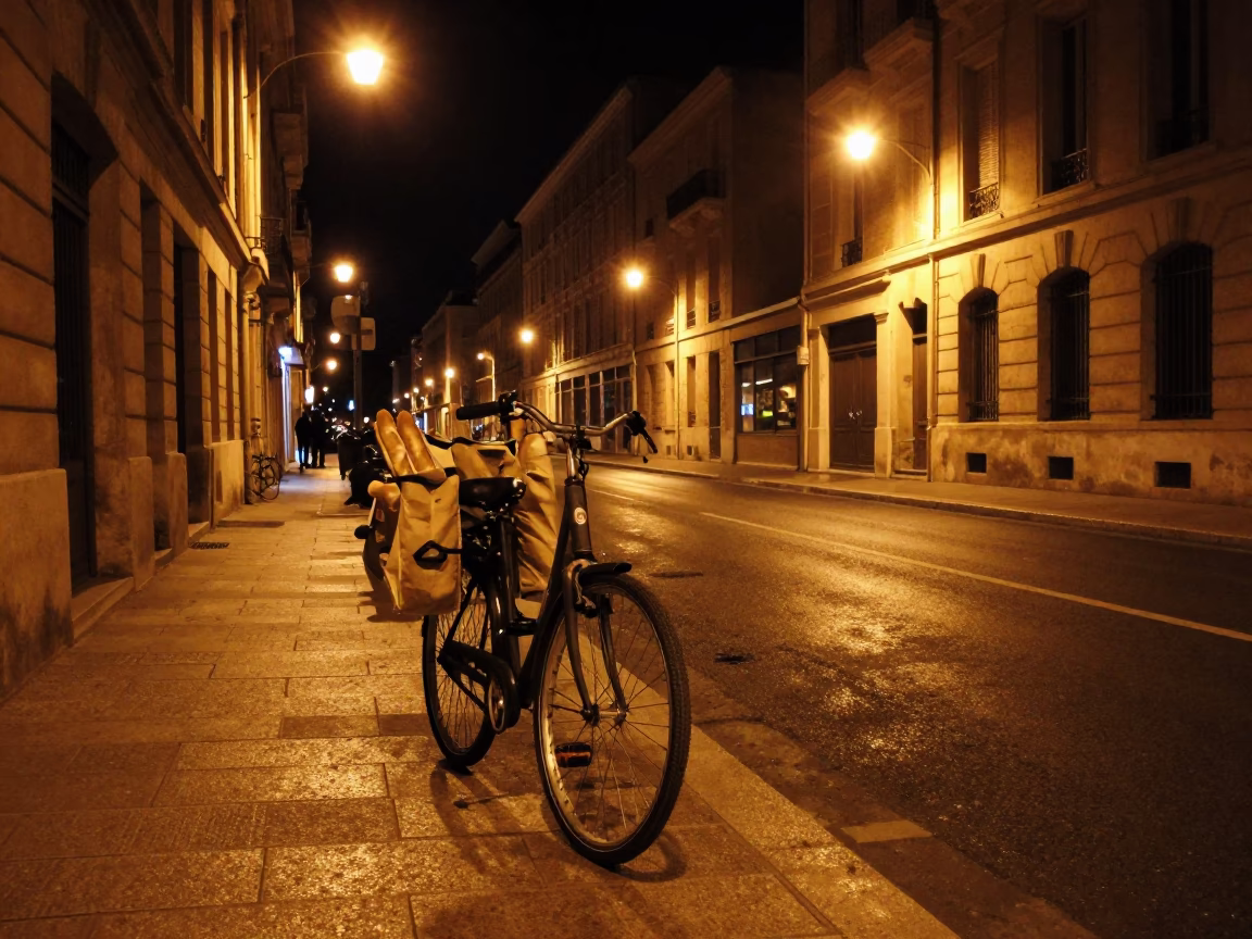 Nighttime Marseille Street Scene with Bicycle and Urban Details in in Marseille, France