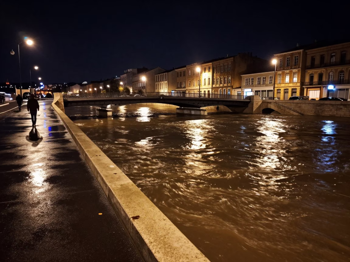 Nighttime Marseille Street Scene with Bridge Pier and Flood Current in in Marseille, France