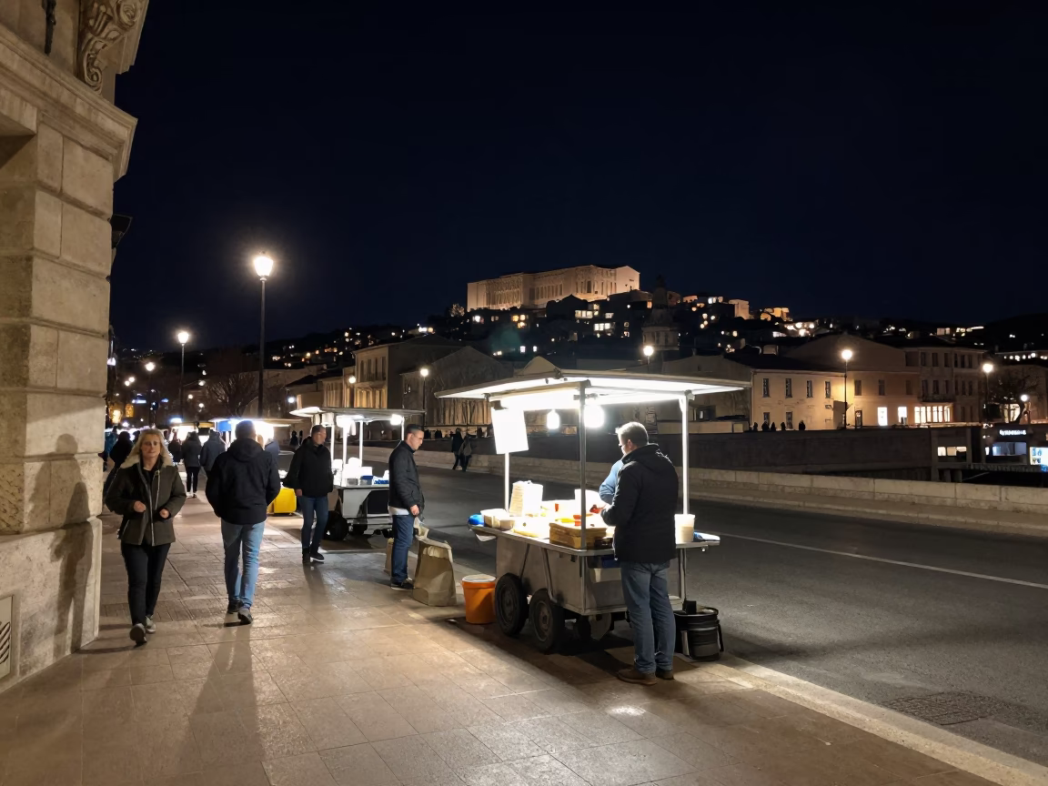 Nighttime Marseille Street Scene with Food Stall and Urban Details in in Marseille, France