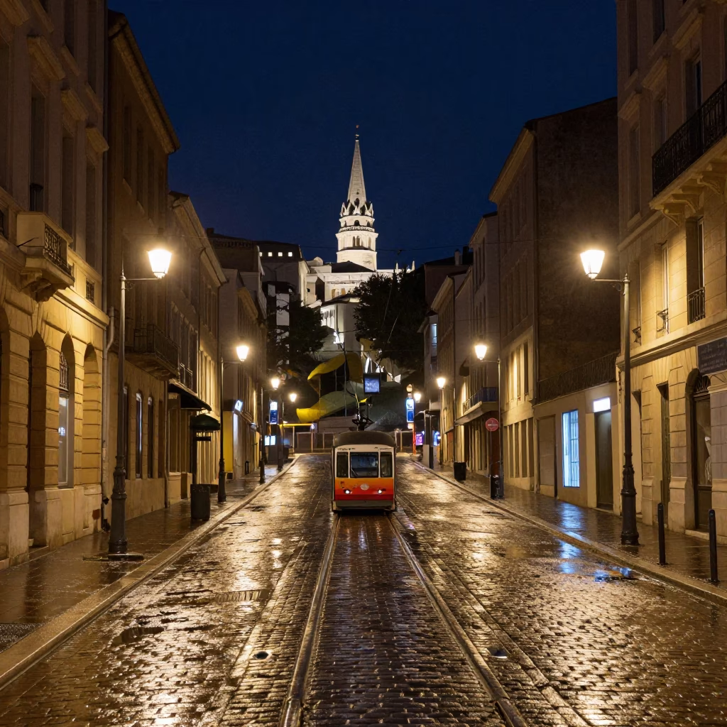Nighttime Marseille Street Scene with Funicular and Rain-Slicked Cobblestones in in Marseille, France