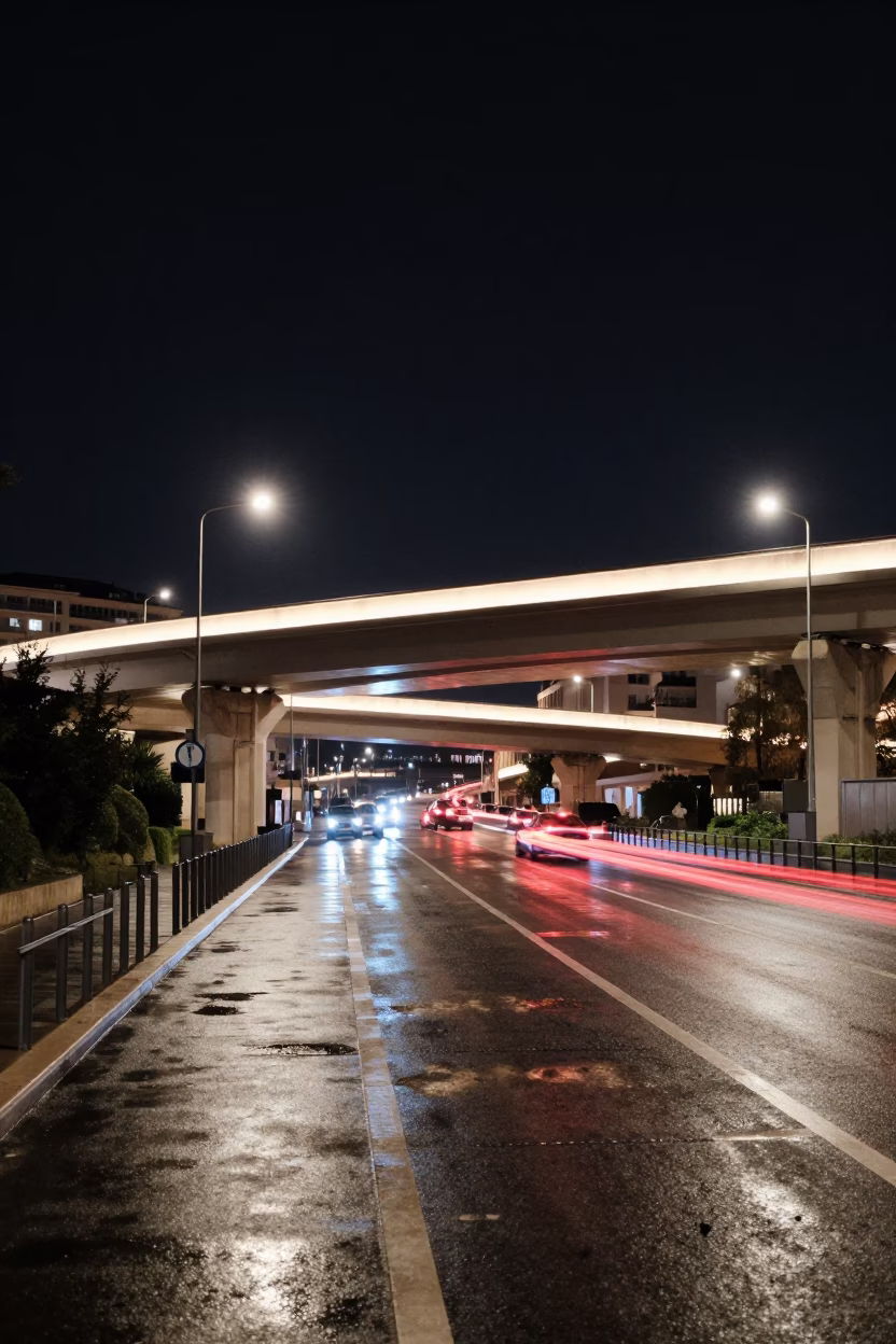 Nighttime Marseille Street Scene with Glowing Overpass Interchange and Rain Reflections in in Marseille, France