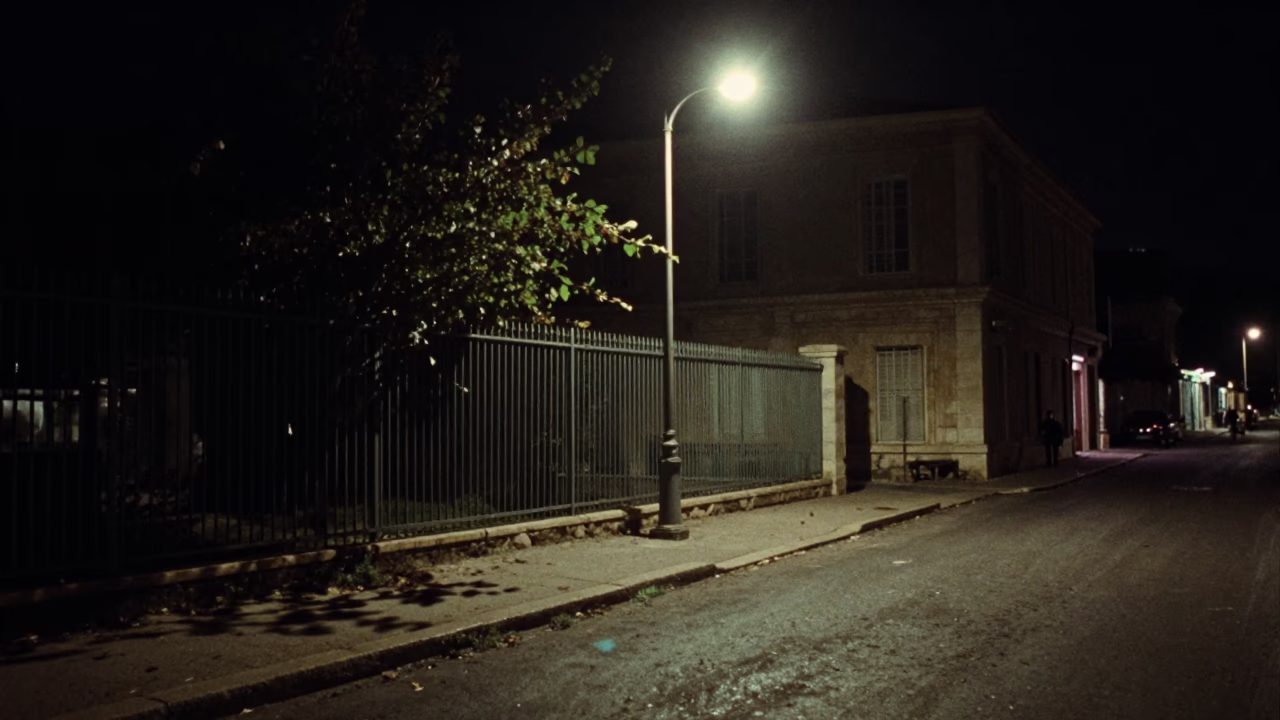 Nighttime Marseille Street Scene with Leaf Shadows and Metal Bucket in in Marseille, France