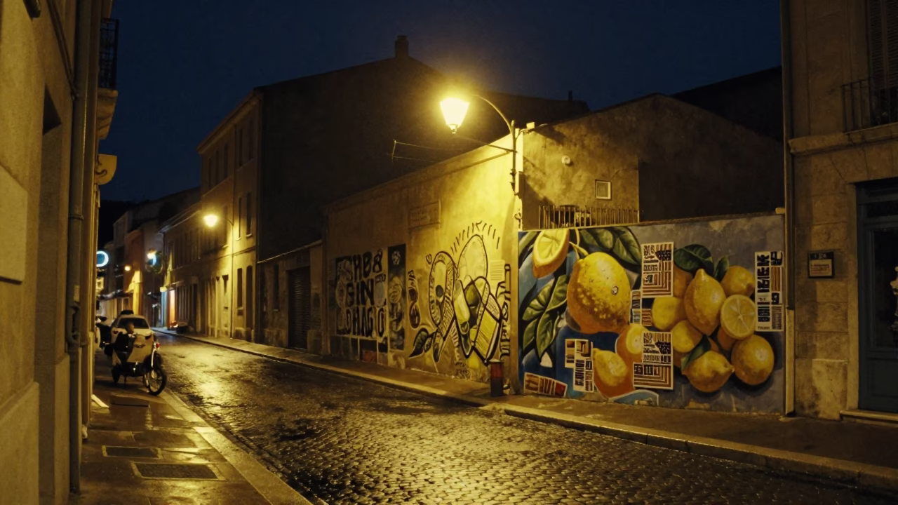 Nighttime Marseille Street Scene with Lemons and Muralist Swatches in in Marseille, France