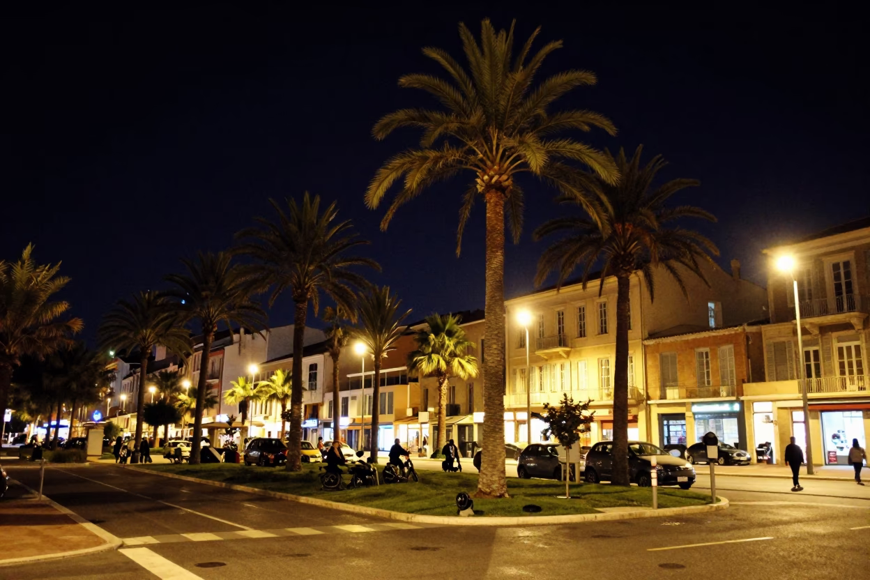 Nighttime Marseille street scene with palm trees and illuminated cafe terrace in in Marseille, France