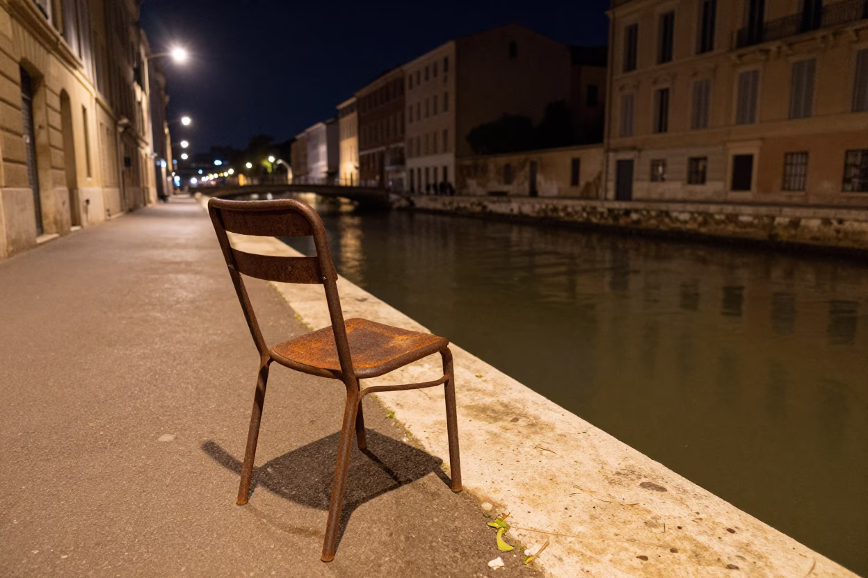 Nighttime Marseille Street Scene with Rusty Chair and Canal Drip in in Marseille, France