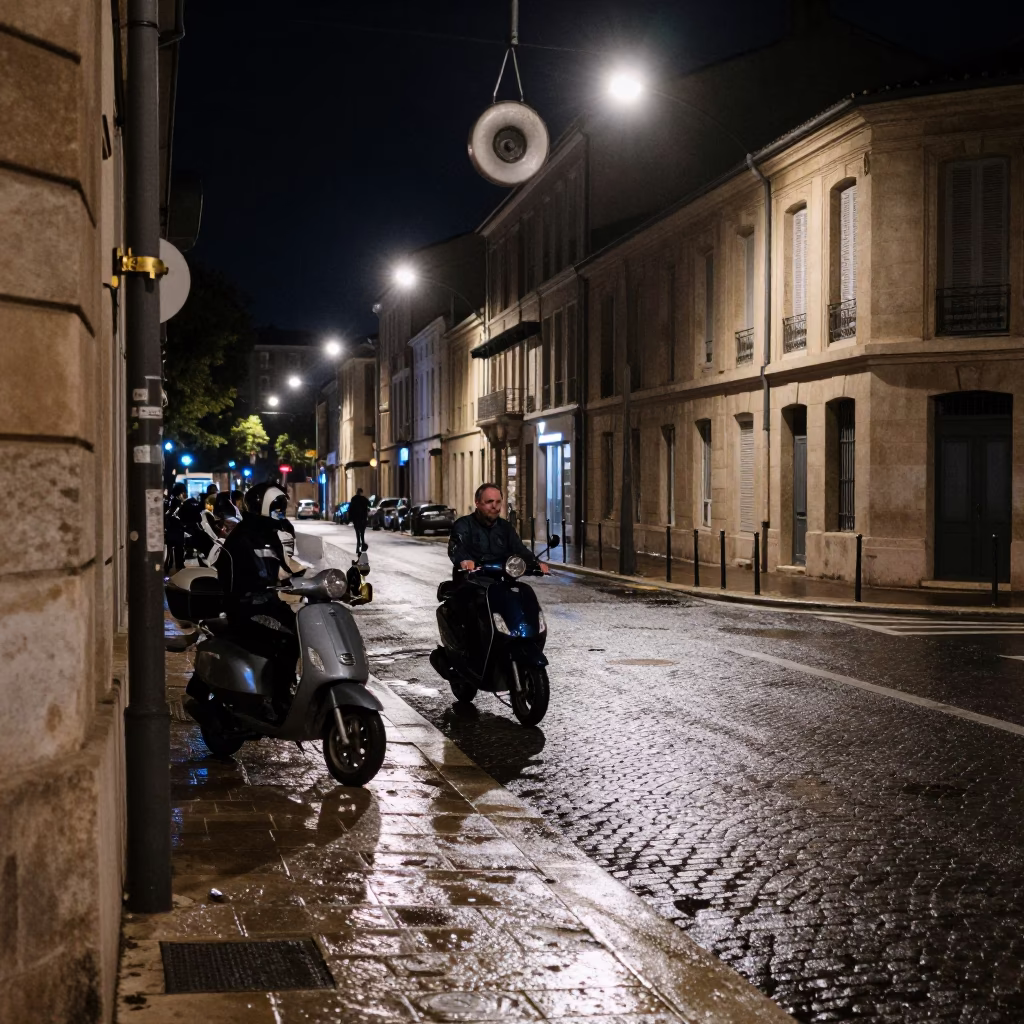 Nighttime Marseille Street Scene with Scooter and Deadbolt Lock Detail in in Marseille, France