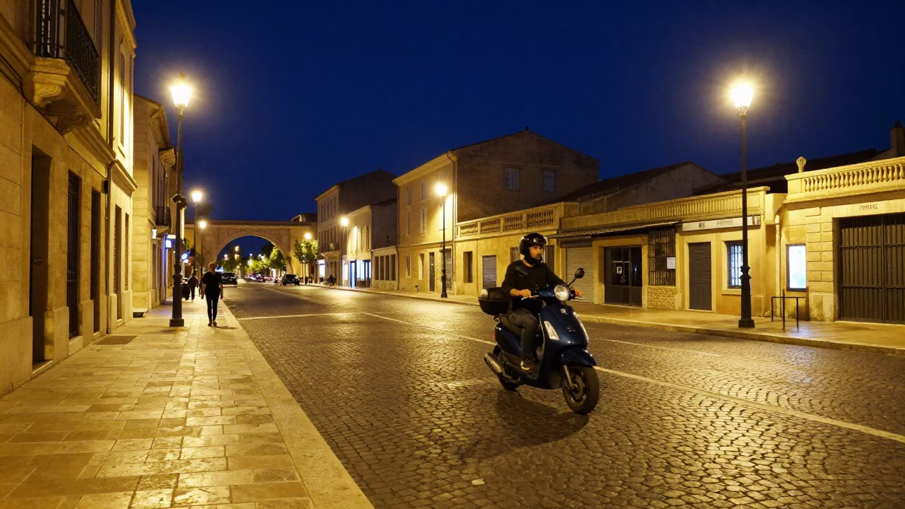 Nighttime Marseille Street Scene with Scooter and Local Life in in Marseille, France