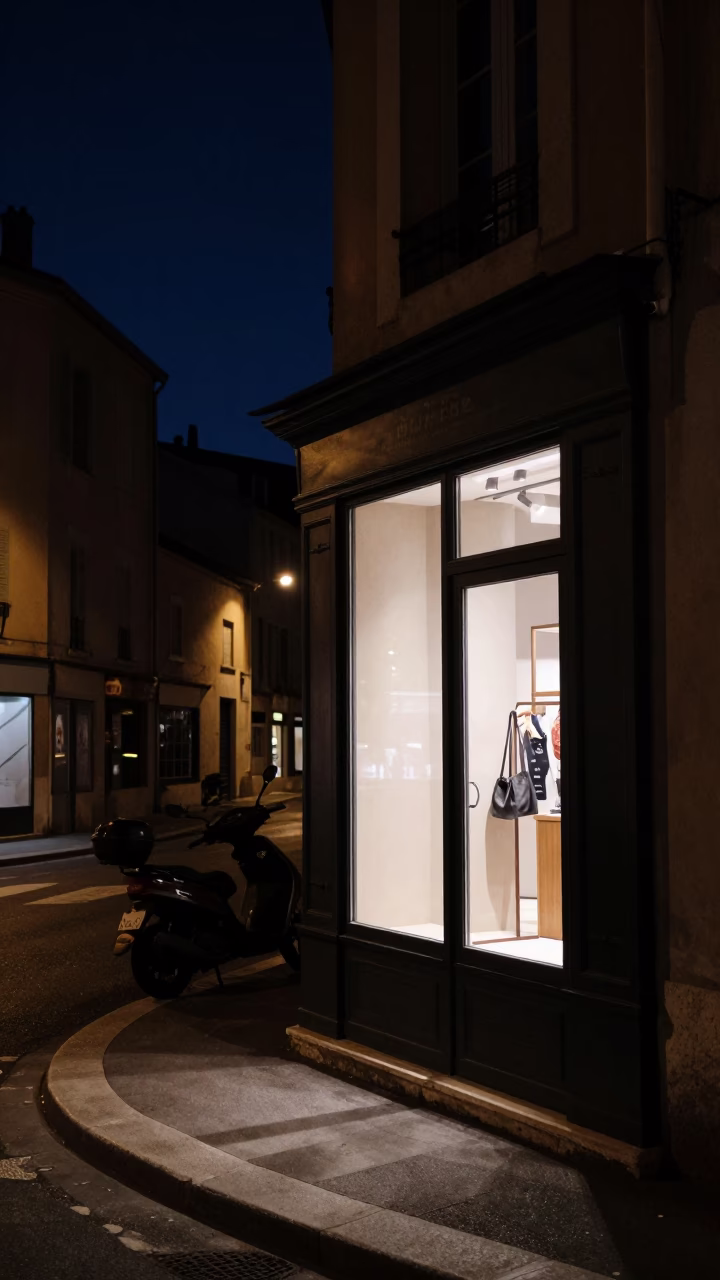 Nighttime Marseille Street Scene with Shop Window Reflection and Local Interaction in in Marseille, France