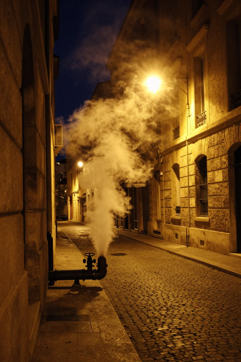 Nighttime Marseille Street Scene with Steaming District Heating Pipe and Autumn Leaves in in Marseille, France