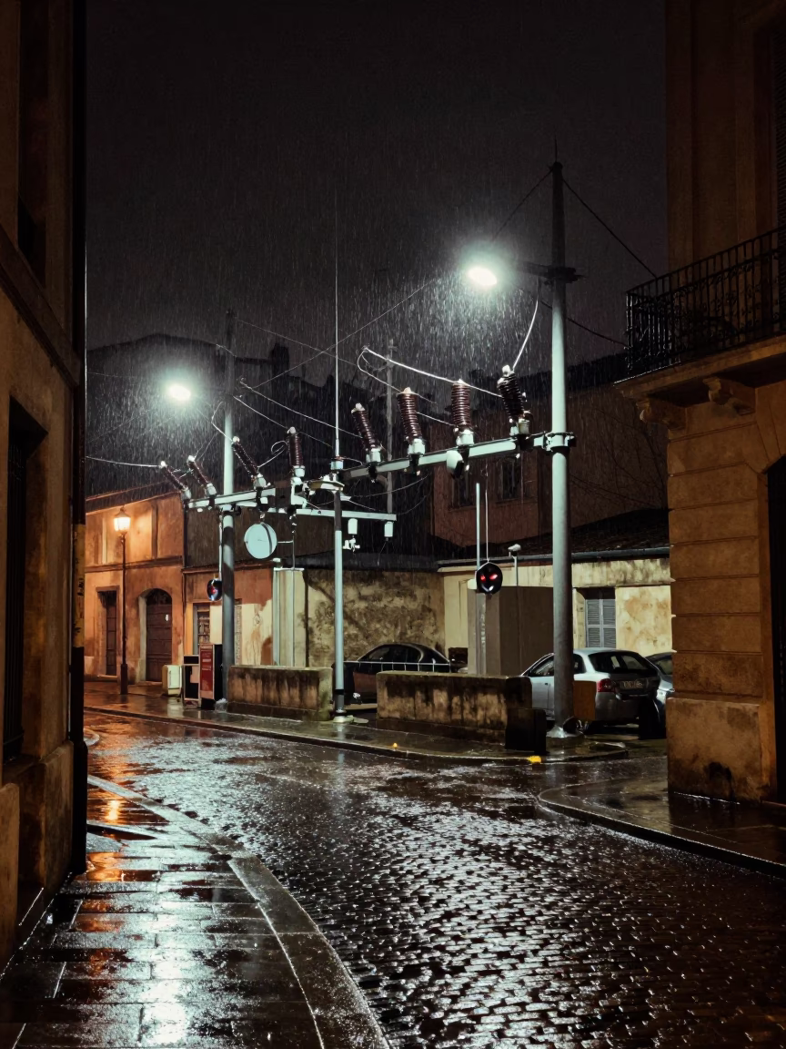 Nighttime Marseille Street Scene with Substation Insulators Sparkling Under Floodlights in in Marseille, France