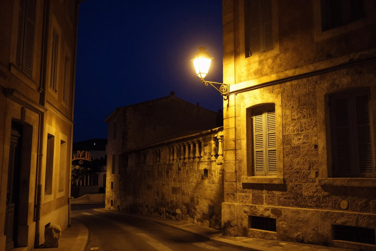 Nighttime Marseille Street Scene with Vintage 1980s Aesthetic and Local Architecture in in Marseille, France