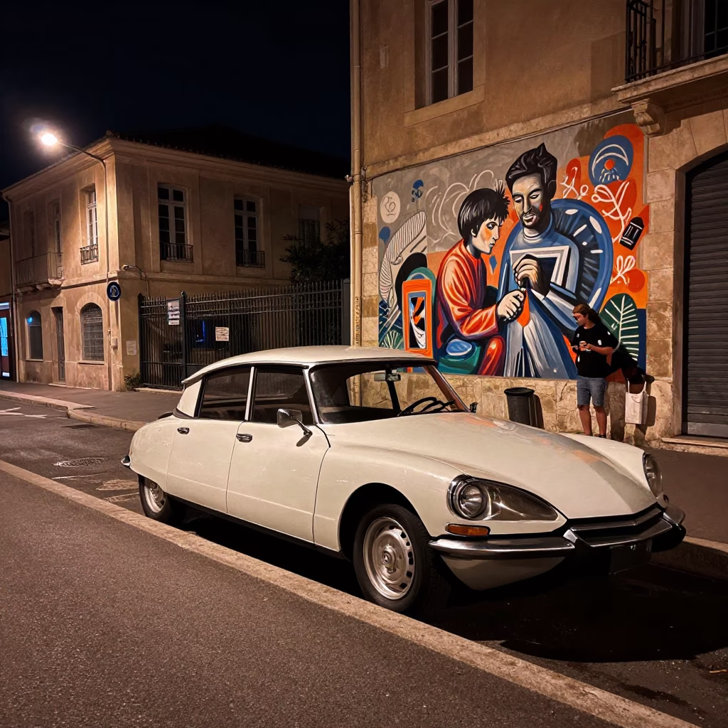 Nighttime Marseille Street Scene with Vintage Car and Muralist Paint Swatches in in Marseille, France