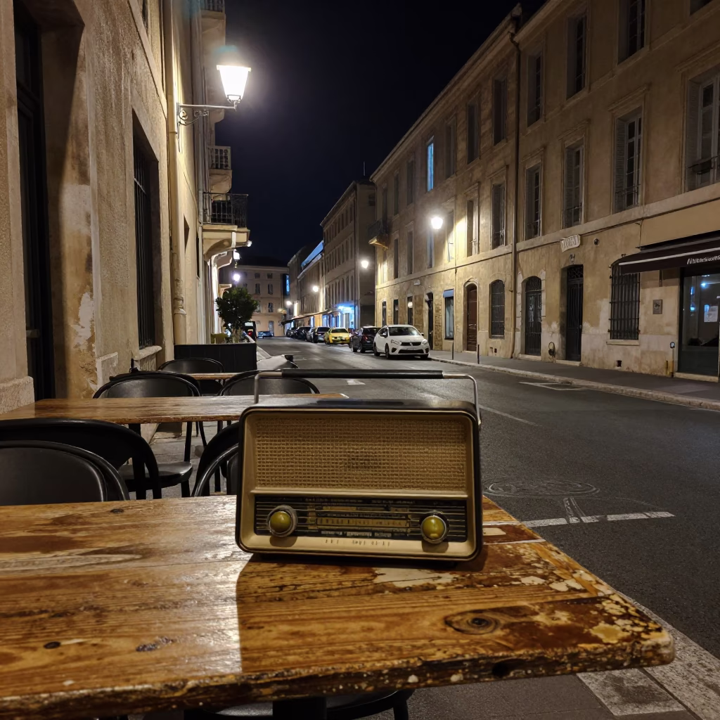 Nighttime Marseille Street Scene with Vintage Radio and Olive Dish in in Marseille, France
