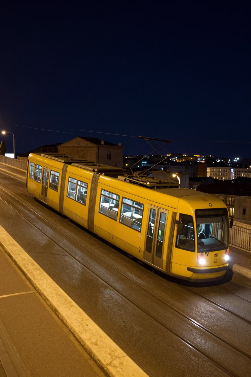 Nighttime Marseille Tram Scene on Steep Hill with Urban Lighting and Cityscape in in Marseille, France
