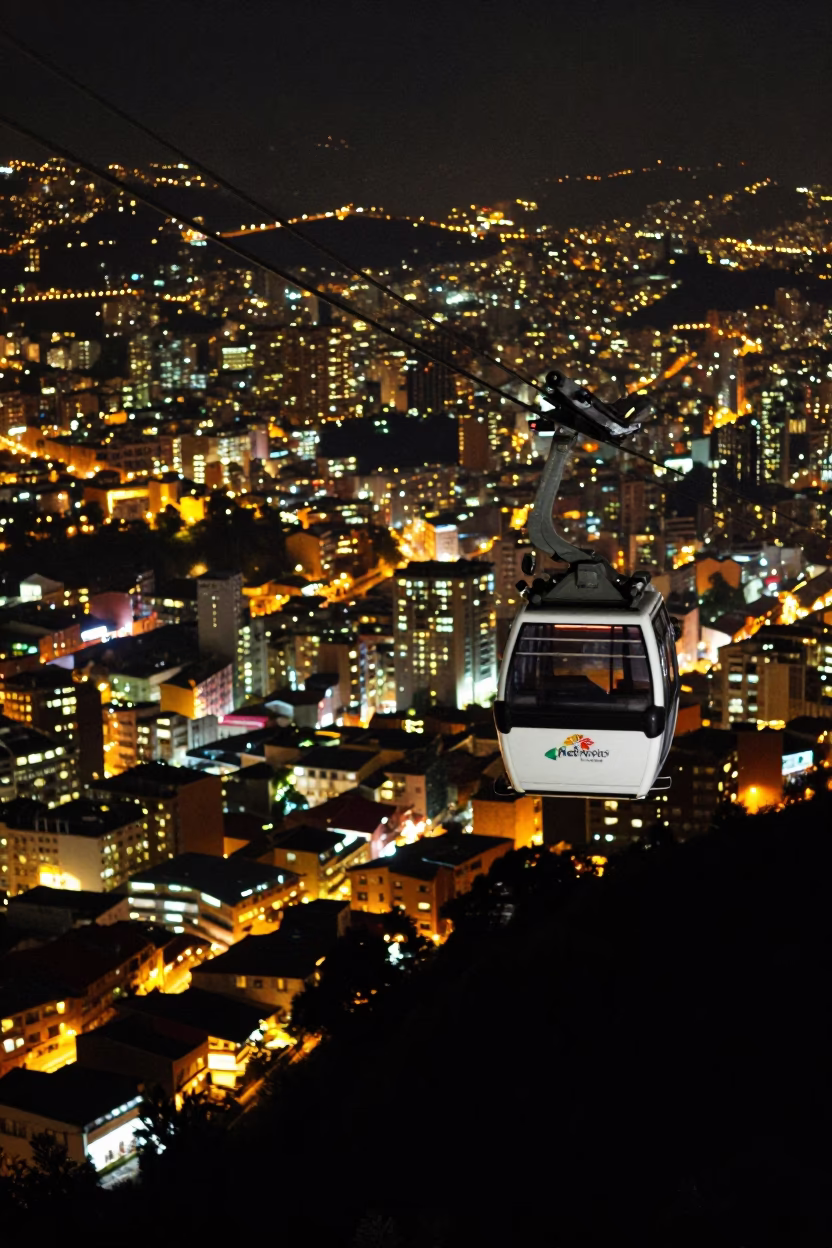 Nighttime Medellín Colombia Cable Car Descent Over Urban Valley with Vine-Covered Hills in in Medellin, Colombia