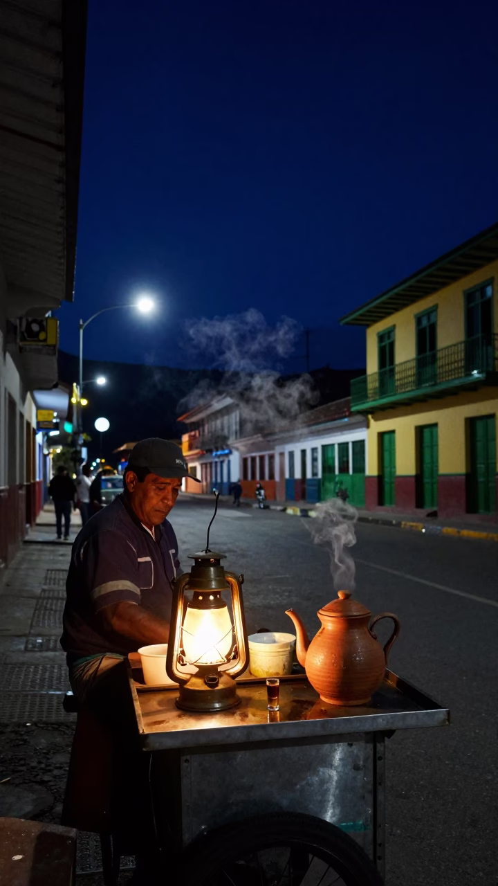 Nighttime Medellin Street Corner with Street Vendor and Oil Lamp Illumination in in Medellin, Colombia