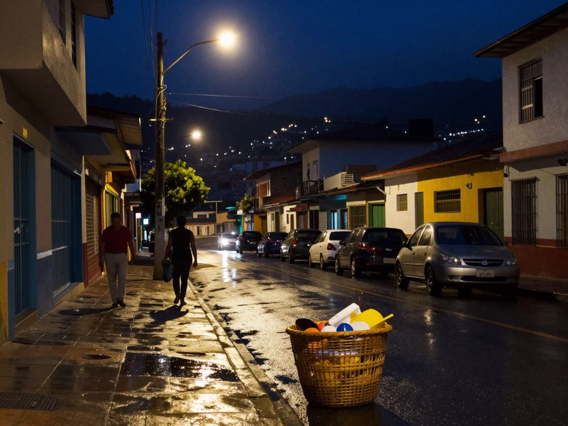 Nighttime Medellin Street Scene with Basket and Urban Life at Midnight in in Medellin, Colombia