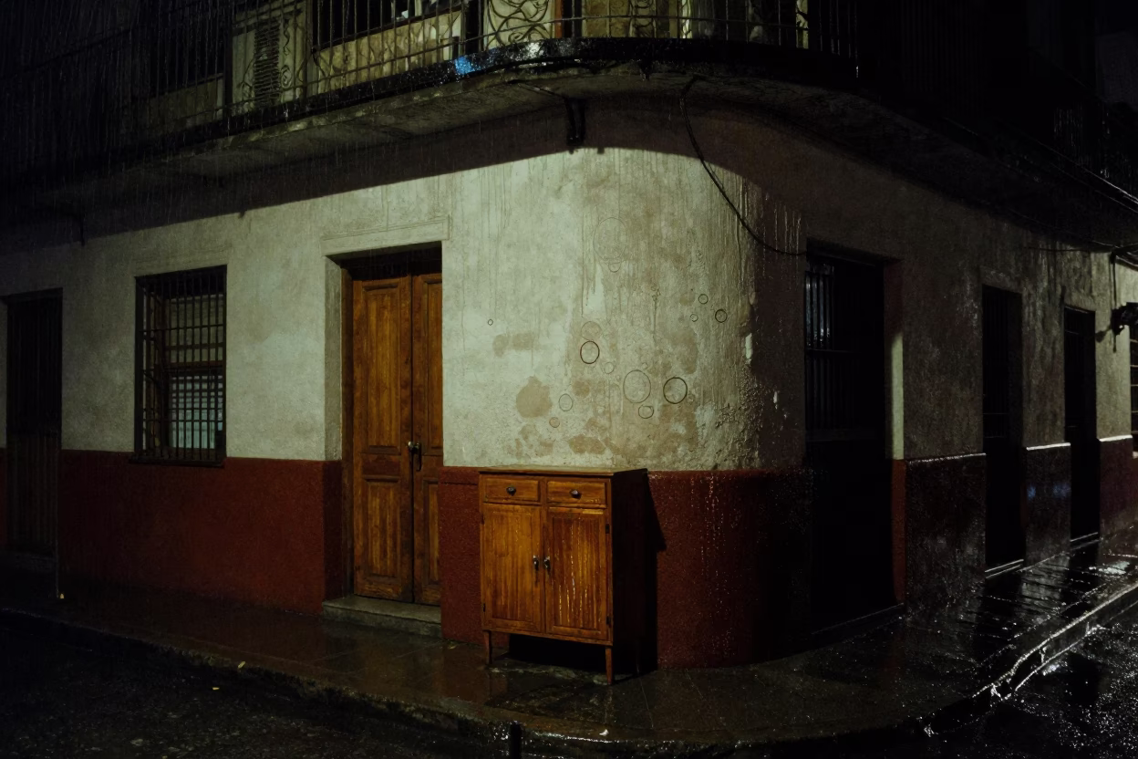 Nighttime Medellín Street Scene with Dripping Concrete and Window Light in in Medellin, Colombia