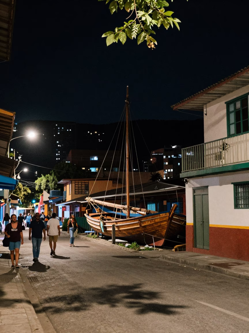 Nighttime Medellin Street Scene with Leaf Shadows and Wooden Sailboat in Background in in Medellin, Colombia