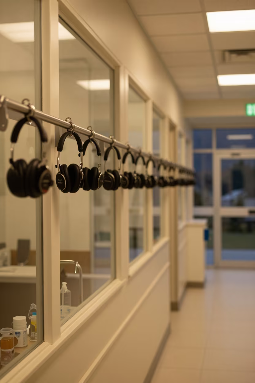 Nighttime Medical Hearing Booth Rail in Queenstown Corridor in along a therapy corridor with organized equipment in Queenstown
