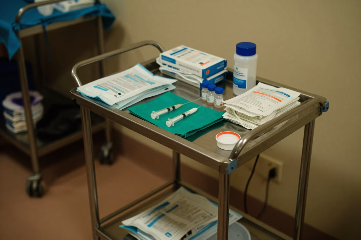 Nighttime Medical Supply Cart at Maiduguri Nurse Station in at a nurse station work surface in Maiduguri