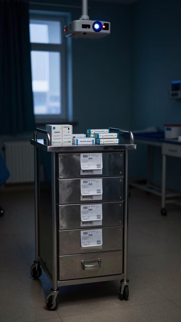 Nighttime Medication Cart in Tashkent Hospital in in a surgical prep area in Tashkent