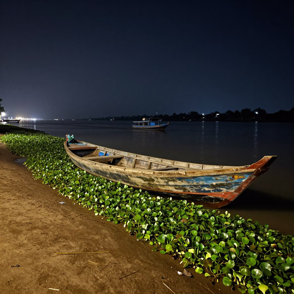 Nighttime Mekong Riverbank Scene with Junk Boat and Water Hyacinth in Phnom Penh Cambodia in in Phnom Penh, Cambodia
