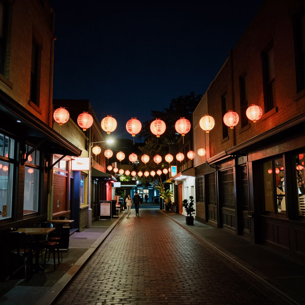 Nighttime Melbourne Laneway Street Photography with Paper Lanterns and Rusty Stool in in Melbourne, Victoria, Australia