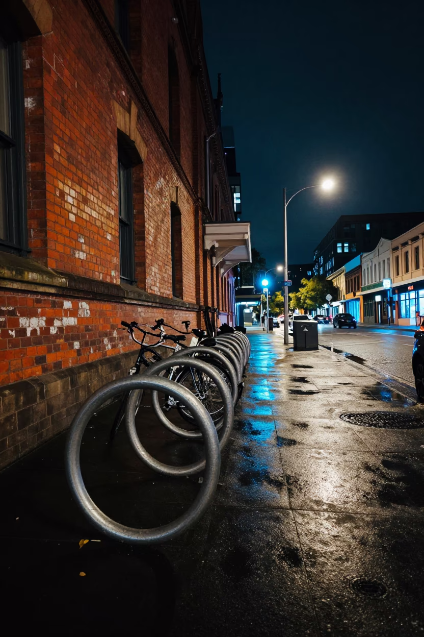 Nighttime Melbourne Street Scene with Bicycle Rack and Urban Details in in Melbourne, Victoria, Australia