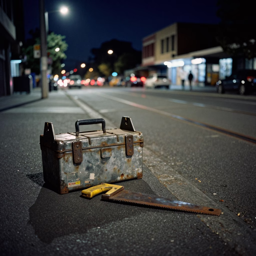 Nighttime Melbourne Street Scene with Toolbox and Hacksaw on Tram Tracks in in Melbourne, Victoria, Australia