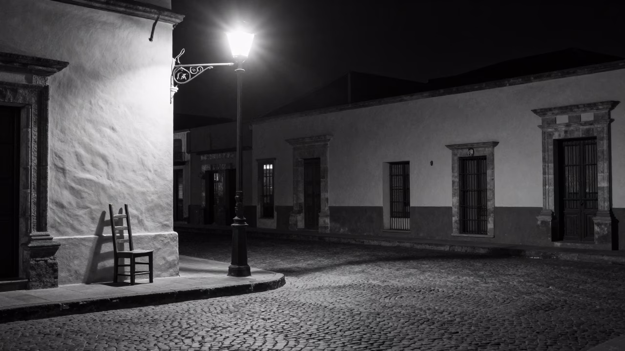 Nighttime Merida Mexico Street Scene with Ladder Back Chair and Doormat Outside Colonial Building in in Merida, Mexico