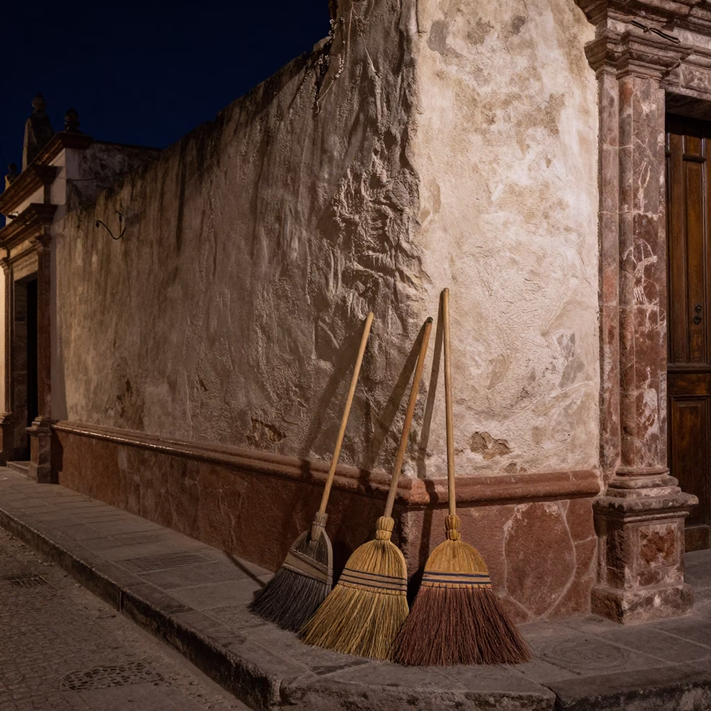 Nighttime Merida Mexico Street Scene with Vintage Brooms and Stone Architecture Under Deep Sky in in Merida, Mexico