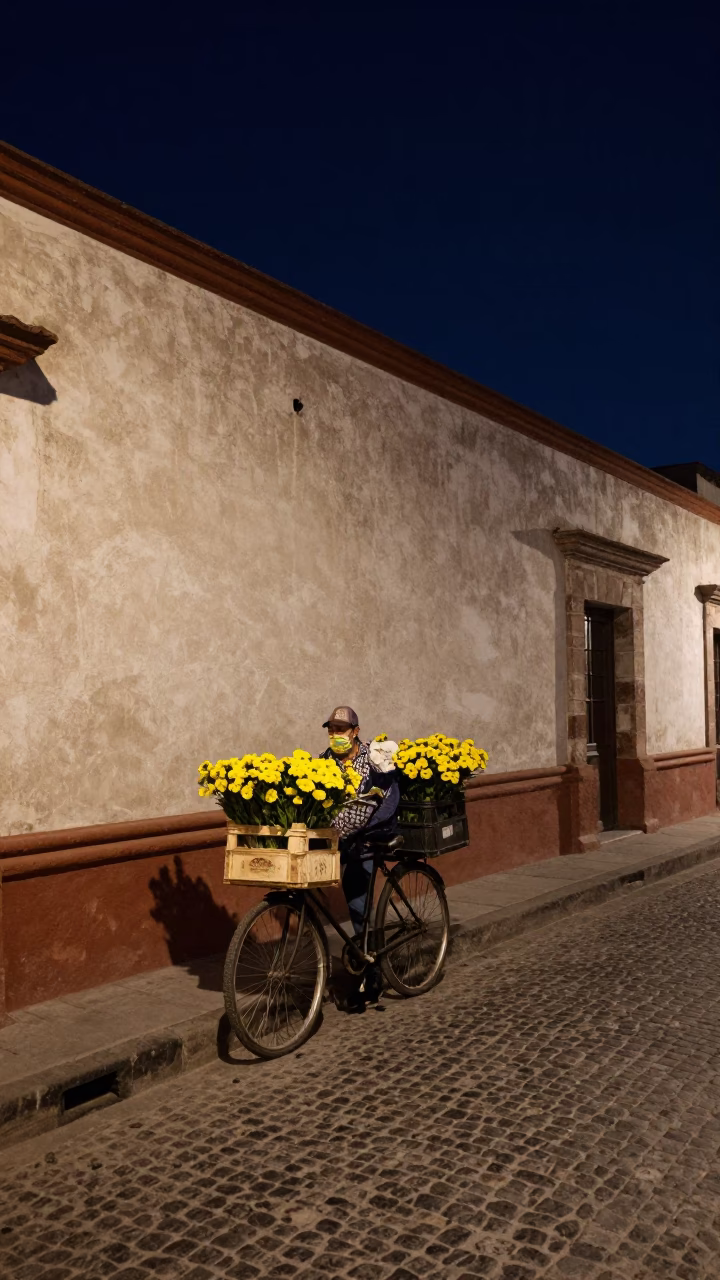 Nighttime Merida Street Scene with Flower Vendor and Vintage Bicycle Under Starry Sky in in Merida, Mexico