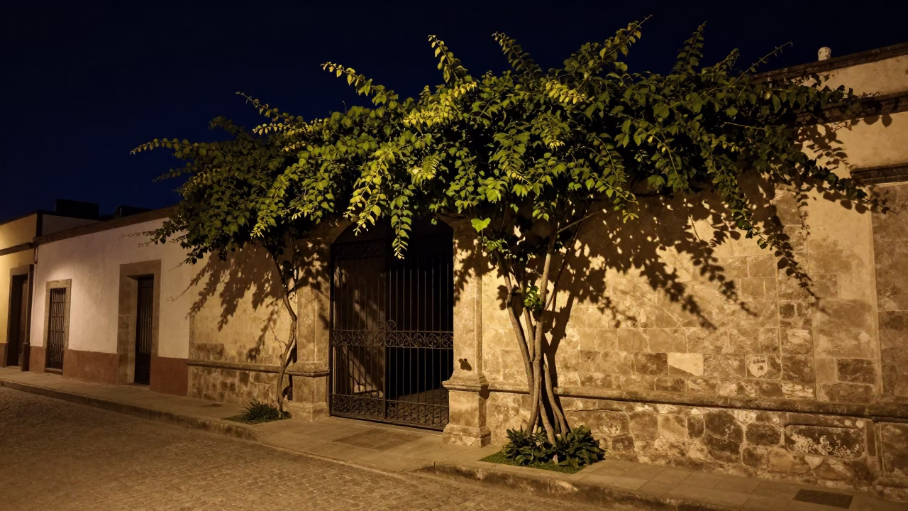Nighttime Merida Street Scene with Vine Gate and Ceramic Bowl Under Deep Sky in in Merida, Mexico