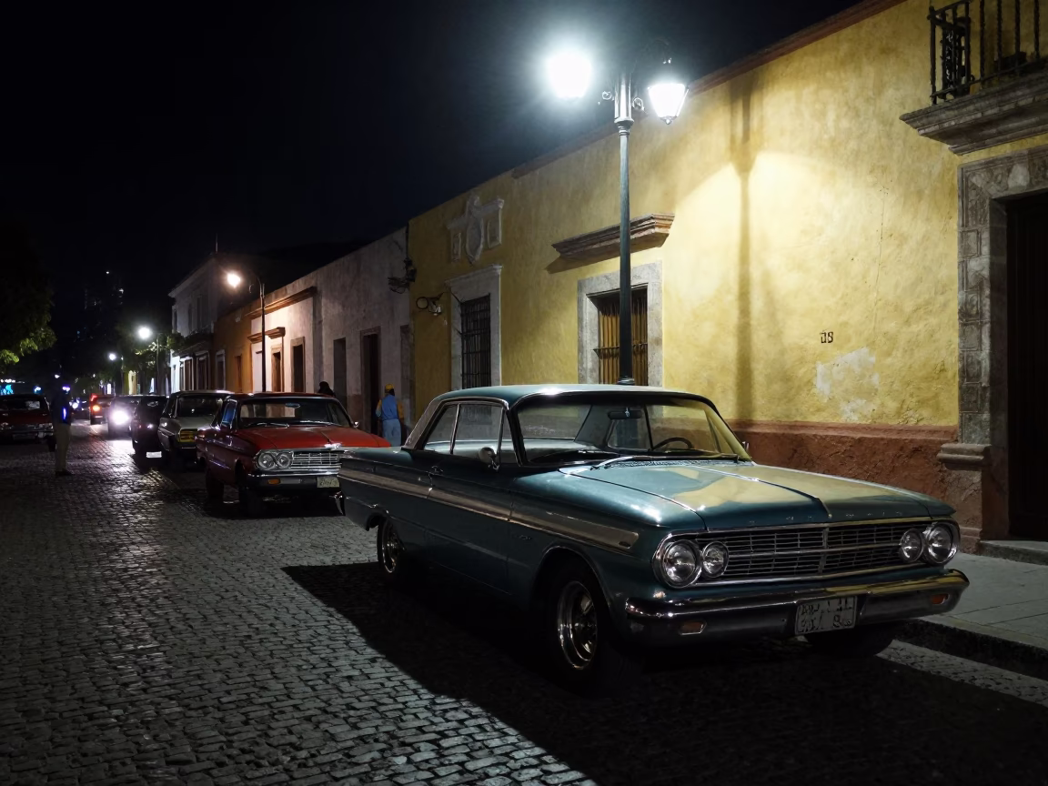Nighttime Merida Street Scene with Vintage Car Rally and Cookie Tin in Yucatan Mexico in in Merida, Mexico