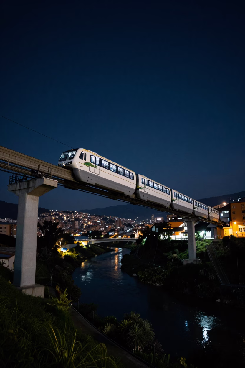 Nighttime Metrocable Crossing Over Rio Abajo River in Medellin Colombia in in Medellin, Colombia