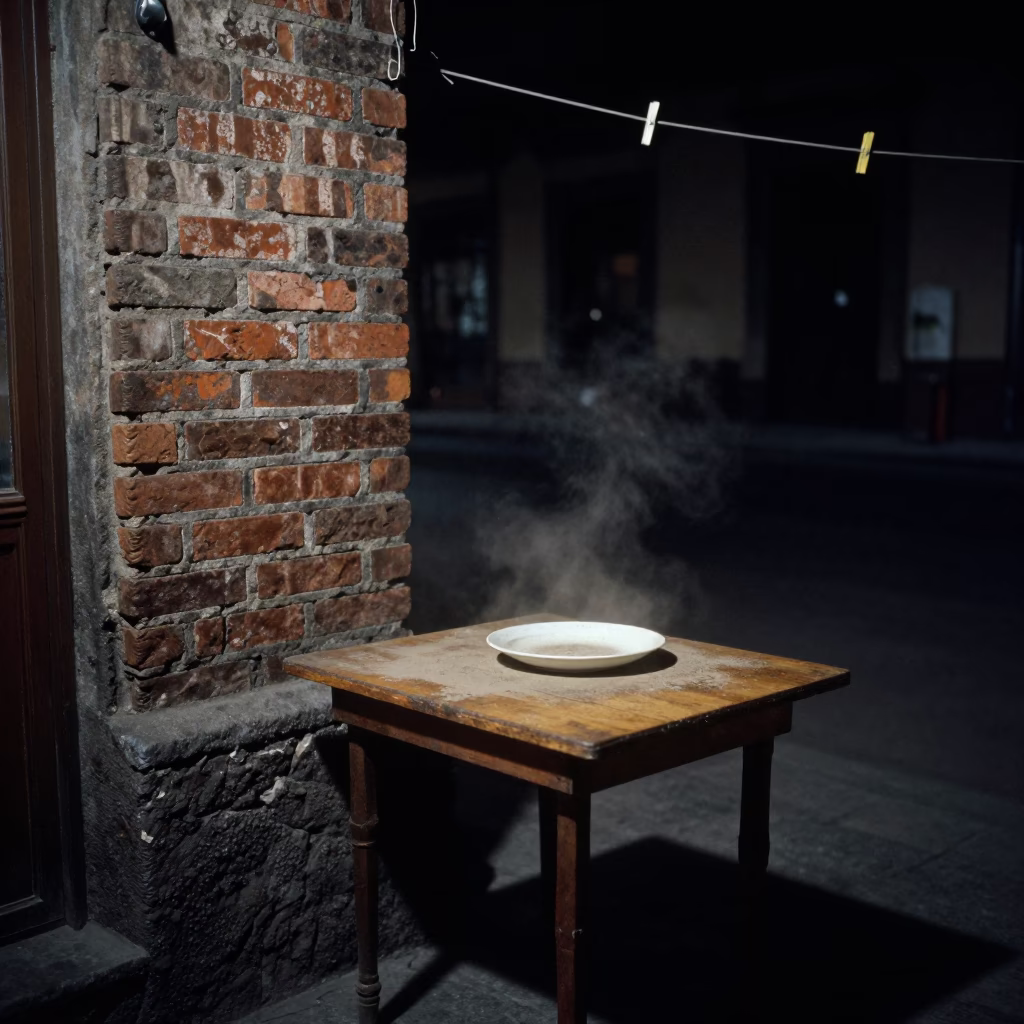 Nighttime Mexico City Street Corner with Dusty Saucer and Clothespin Jar in 1960s Realism in in Mexico City, Mexico